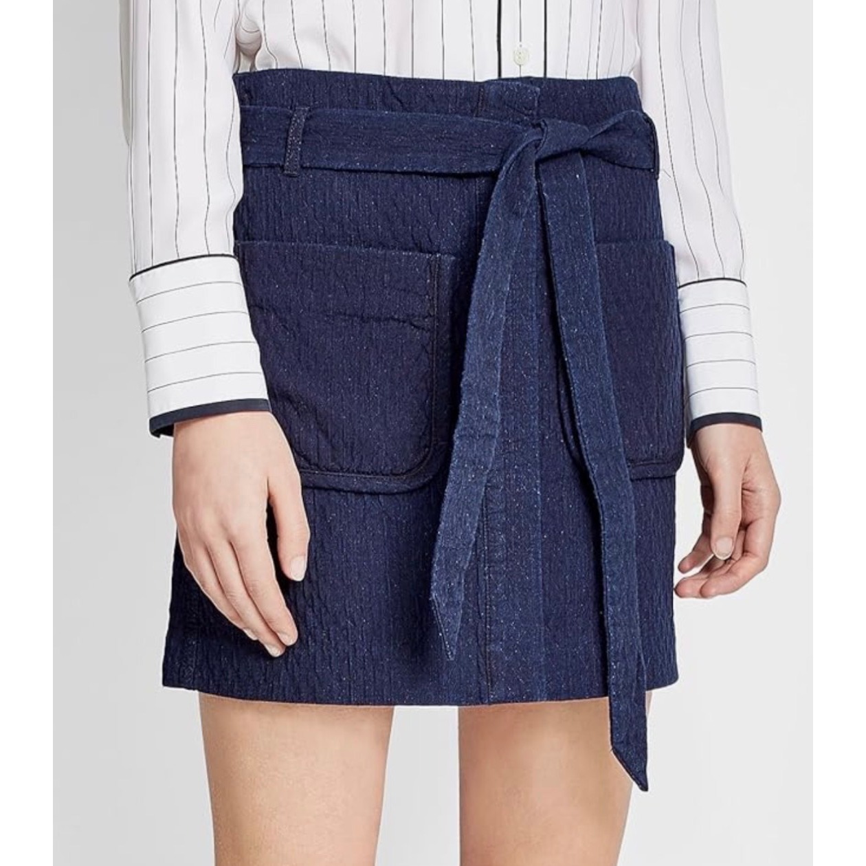 Rag & Bone Edmond Navy Indigo Textured Button Front Tie Waist Mini Skirt Size 0